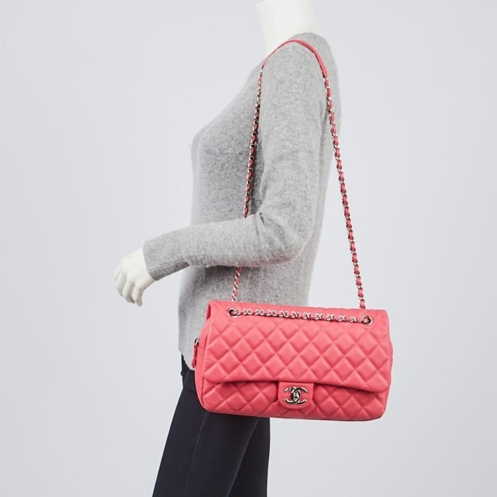 CHANEL Coral Pink Quilted Caviar Leather Easy Jumbo Flap Bag - Picture 12 of 16